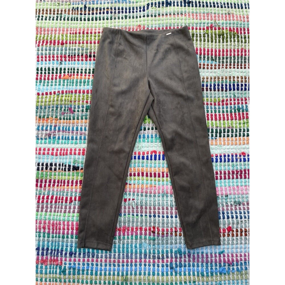 T Tahari Pants Womens Large Green Faux Suede Pull On Stretch Modern Skinny